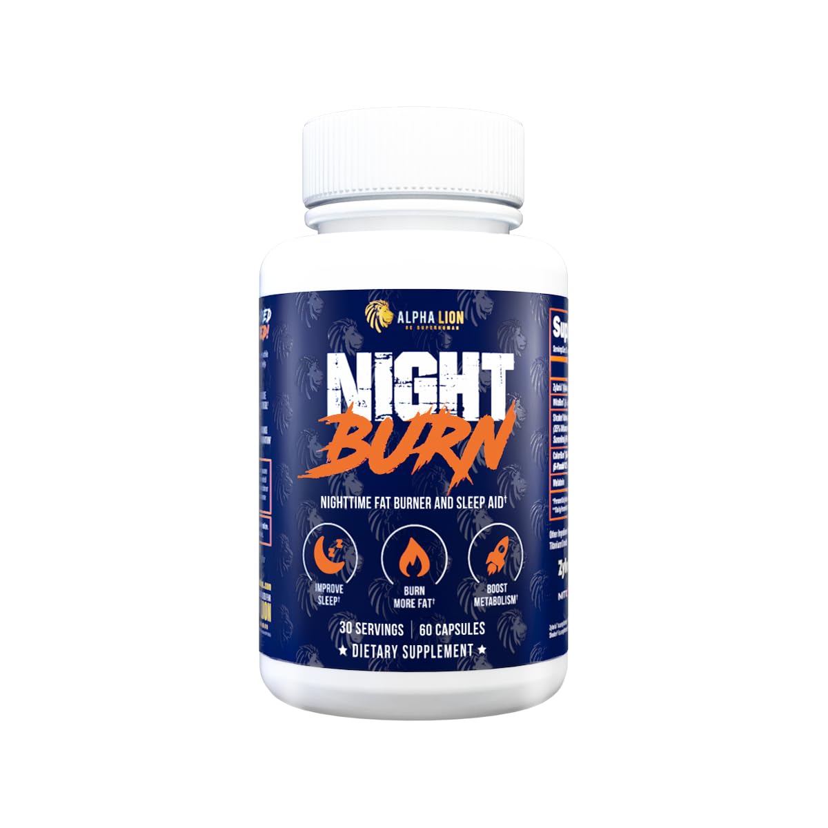 ALPHA LION Night Burn, potenciador del metabolismo para bajar de peso, reduce la grasa corporal, aumenta la masa muscular, promueve un cuerpo esbelto, suplemento para quemar calorías, relaja mejor, promueve niveles saludables de cortisol (60 cápsulas)