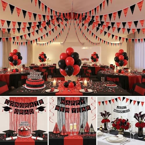 Image of 130FT Red Black Triangle Pennant Banner Flag Metallic Fabric Bunting Garland for Christmas Graduation Bachelorette Anniversary Birthday Engagement Wedding Anniversary Casino Party Decorations Supplies