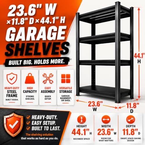 Image of Metal Garage Shelving Unit, Heavy Duty Adjustable Storage Shelves, Steel Shelving, 2000 lbs Capacity Shelves for Heavy Tools and Equipment, 4 Tier, 23.6 inch W x 11.8 inch D x 44.1 inch H