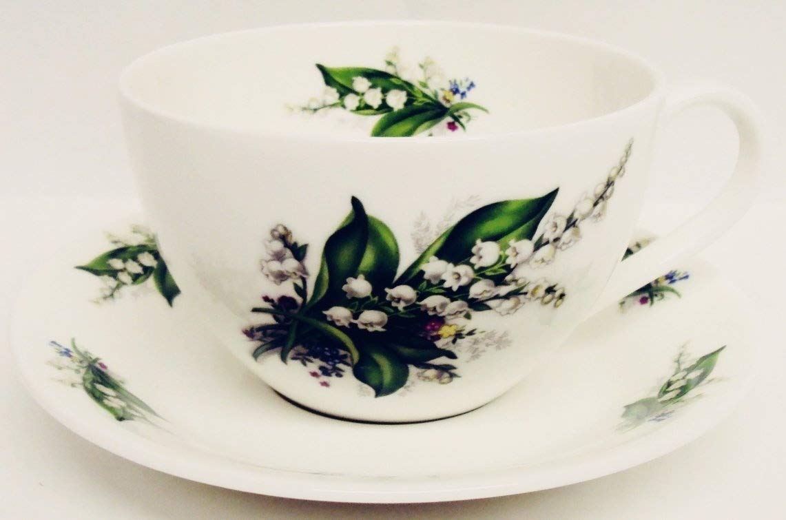 Fromeuropewithlove White Lily Of The Valley Breakfast Cup & Saucer Fine Bone China Lilies Large Cup Saucer Set Hand Decorated In Uk