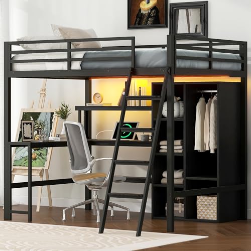 Merax Kinderbett Hochbett,Metall,140x200 cm,mit LED-Licht,USB-Ladestation,integriertem Schreibtisch,3-stöckige Regal,Kleiderschrank,Leiter,für Kinder und Jugendliche,Ohne Matratze,Schwarz Merax Kinderbett Hochbett,Metall,140x200 cm,mit LED-Licht,USB-Ladestation,integriertem Schreibtisch,3-stöckige Regal,Kleiderschrank,Leiter,für Kinder und Jugendliche,Ohne Matratze,Schwarz