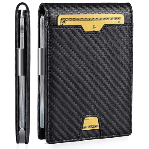 Wallet for Men, RFID Blocking Slim Bifold Wallet - Carbon fiber Minimalist Front Pocket Design with Money Clip - Thin Credit Card Holder, With Gift Box