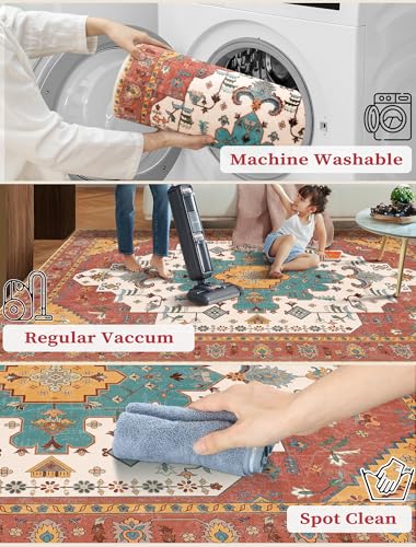 SERISSA Boho Washable Runner Rug, 2'6"x8' Non-Slip Vintage Orange Hallway Kitchen Runner Rug Ultra Soft Print Distressed Floor Carpet for Bedroom Bathroom Laundry Living Room