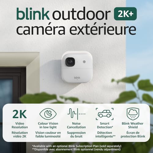 Blink Outdoor 2K+ (newest model) — Wireless smart security camera, 2K video resolution, enhanced audio, two-year battery. Sync Module Core included — 5 camera system (White)