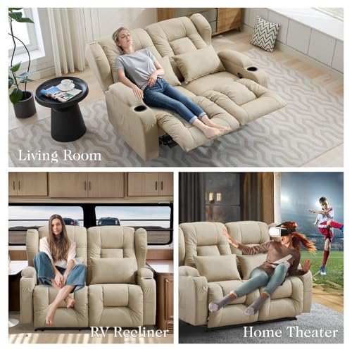 Image of Loveseat Recliner Sofa,RV Wall Hugger Recliners for Small Spaces,Fabric Reclining Loveseat Sofa Recliner with Cup Holders /Lumbar Pillows,RV Furniture (Beige, 56 inch 2-Seater)