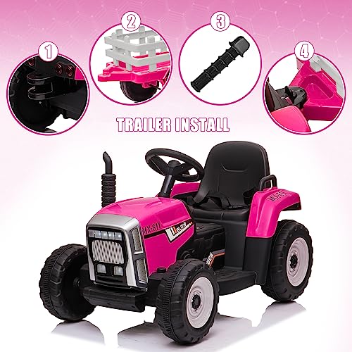 SEHOMY Pink Kids Ride on Tractor with Trailer and Dual 25W Motors, 12V Battery Powered Electric Kids Vehicle Car with Remote Control, 3-Gear-Shift, Music, LED Lights,USB, Four Wheelers for Girls - Thumbnail 6
