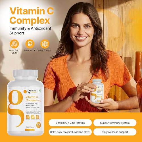 Image of GLIMLACH Vitamin C Complex Tablet with Amla & Zinc for Men and Women - Supports Energy, Immunity, Antioxidant, Essential Nutrient Formula for Dietary Intake, Vitamin C Amla Zinc Nutrition Addition