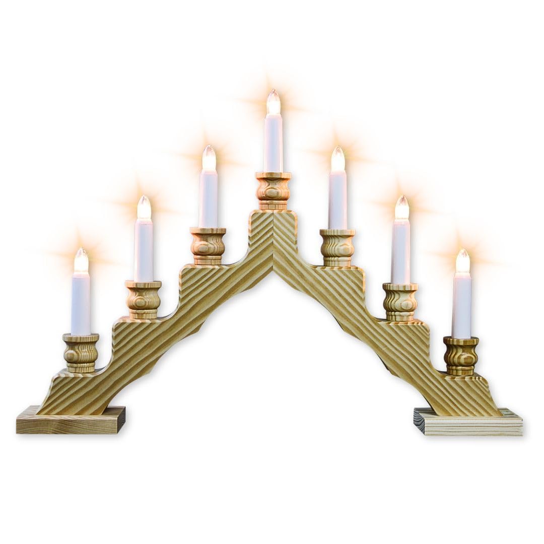 WEIGLA - Schwedenleuchter original Erzgebirge I Trendiger Schwede Natur I LED I Schwibbogen Weihnachten I 7 Lampenkerzen + 1 Ersatzlampe I 7 x 34 V, 0,2 W, E10 I Weihnachtsdeko innen I Kiefernholz