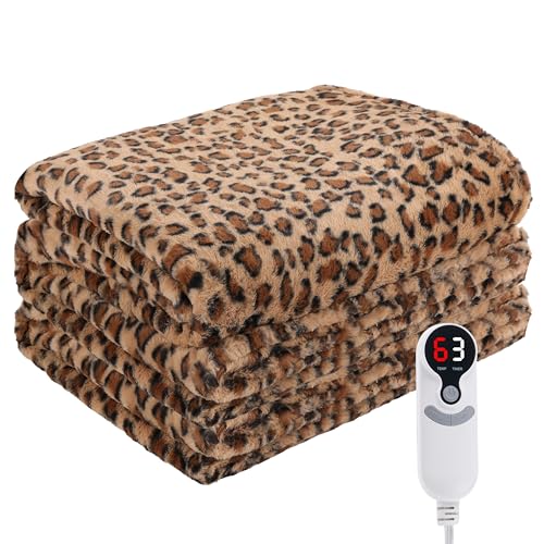 Electric Heated Blanket Throw Size 50" x 60", Super Cozy Soft with 6 Heating Levels & 3 Hours Auto Off, Soft & Comfort, Machine Washable, Home Office Use, Brown Leopard Print