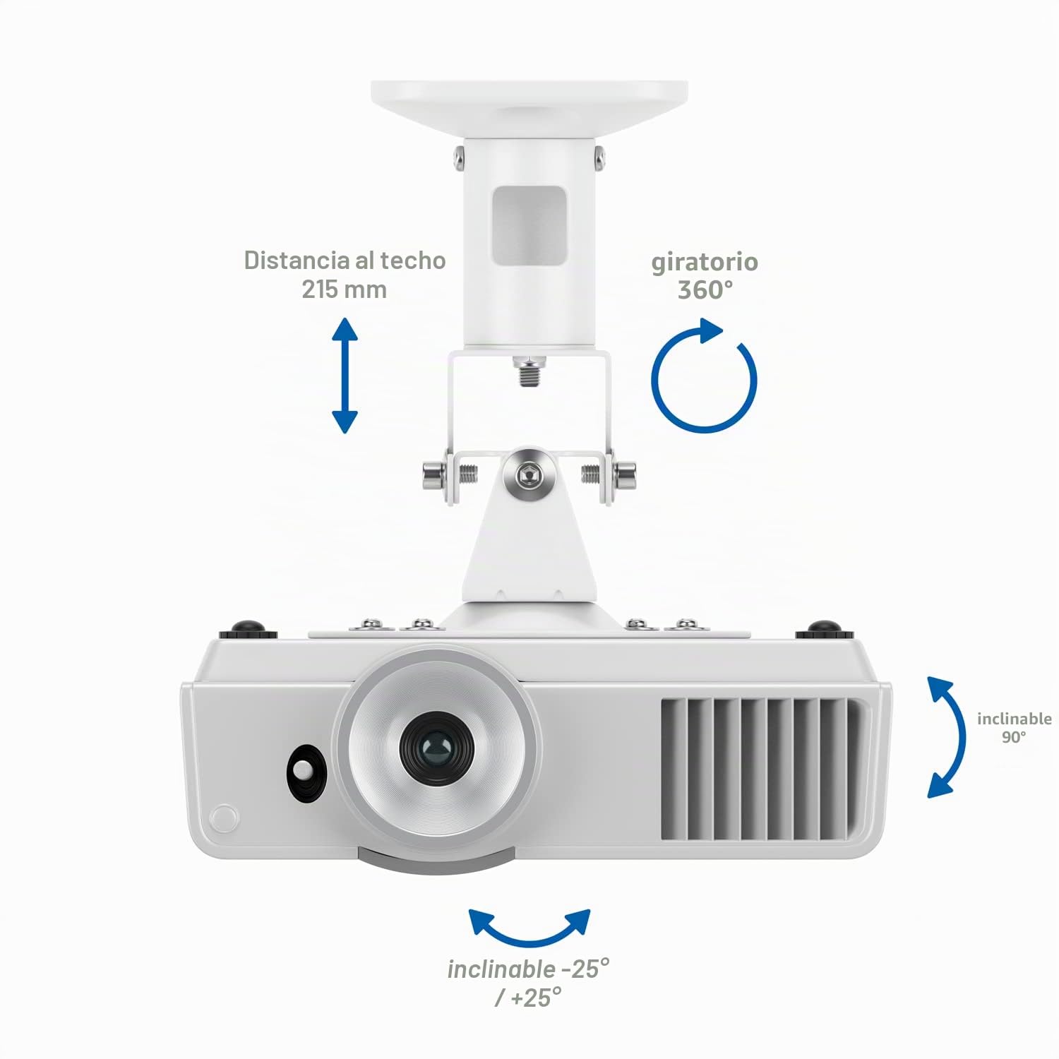 deleyCON Universal Beamer Soporte para Proyectores Inclinación de +-25° Rotación de 360° Soporta hasta 15Kg Alcande de hasta 215mm - Blanco