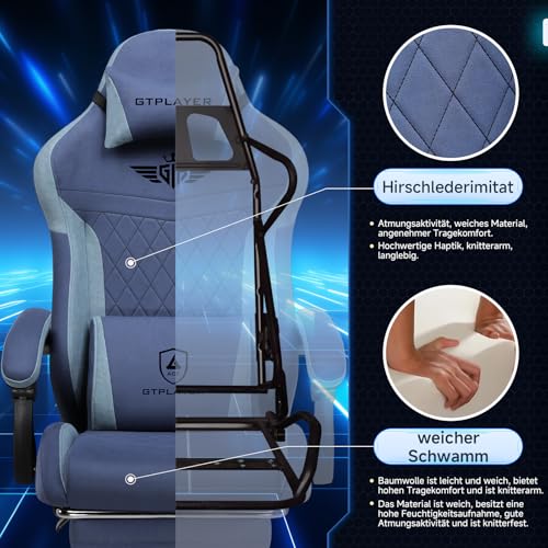 Image of GTPLAYER Gaming Chair, Ergonomic Fabric Gamer Chair with Lumbar Support, PC Chair with Widened Backrest, Maximum Load 150 kg, Dark Blue