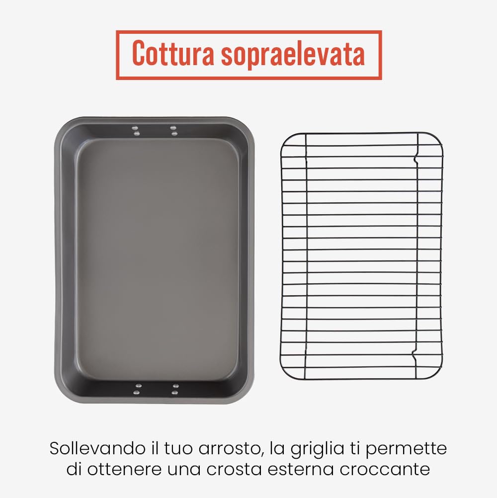 Chef Pomodoro Teglia con Griglia da Forno (41 x 28 cm), Teglia Forno Rettangolare Antiaderente in Acciaio al Carbonio, Gratella di Raffreddamento per Arrosti e Fritti