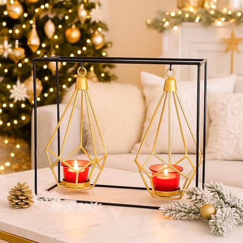 Image of MARKET 99 Nordic Style 2 Pcs Hanging Cage T-Light Holder with Stand | Black Metal Rectangular Frame with Diamond Holders | Perfect for Home, Xmas & Christmas Decor, Living Room & Festive Decoration