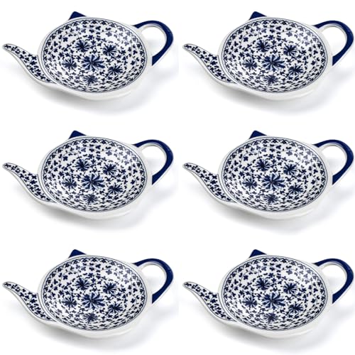 Tea Bag Holder for Used Tea Bag Teapot Shaped Tea Bag Coaster Set of 6 Ceramic Tea Bag Rest (Blue)