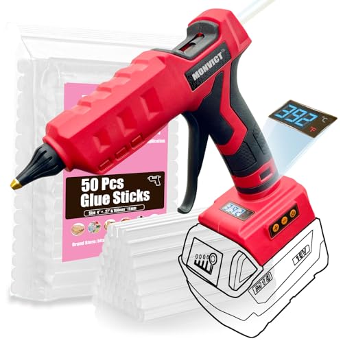 MONVICT Cordless Glue Gun for Milwaukee 18V Battery with 50 Glue Sticks 100W Upgraded Digital Temperature Adjustable Handheld Electric Power Full Size Heavy Duty Hot Glue Gun (Battery NOT included)