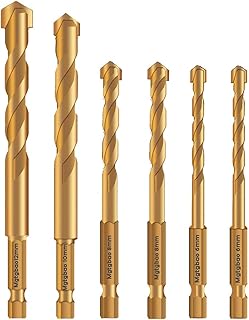 【 New 】6pcs Golden Masonry Drill Bits Set, Mgtgbao Ceramic Tile Drill Bits Carbide Tip for Glass, Brick, Tile, Concrete, Plastic and Wood with Size 6mm(1/4”), 8mm (5/16”), 10mm (3/8”), 12mm (1/2”).