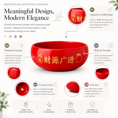 Image of Xtore Striking Glossy Red Ceramic Planter Bowl for Indoor Decor & Bonsai Styling | Wide Shallow Round Pot for Tabletop, Shelf & Zen Corners (Pack of 1 - Planter only)