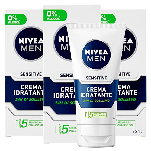 Nivea Men Sensitive - Crema hidratante para hombre, antiirritación sin fragancia, 3 botellas de 75 ml