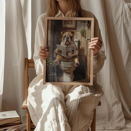 Image of Bulldog on Toile Wood Framedt Wall Art Print Poster, Dog Bathroom Humor Decor Posters Prints for Restroom Home Picture Painting Artwork Gallery 7 (Bulldog, 11 inchW x 14 inchL, Wood Frame)
