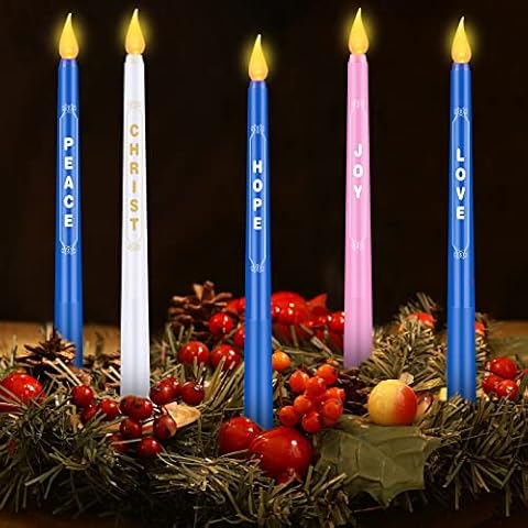 5 Pieces Advent Candle LED Advent Wreath Taper Candle with Words Love Christ Peace Joy Hope Blue Pink White Advent Candle Candlestick Christmas Advent Candles for Church Advent Xmas Wreath Decor Cover