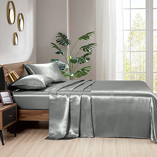 Love's Cabin Satin Queen Sheets Set Dark Grey, Silky Satin Bed Sheets Queen Set With Deep Pocket, Luxury Silk Feel Satin Queen Size Sheet Set 4 Piece (1 Flat Sheet,1 Fitted Sheet,2 Pillow Cases) #TOP2