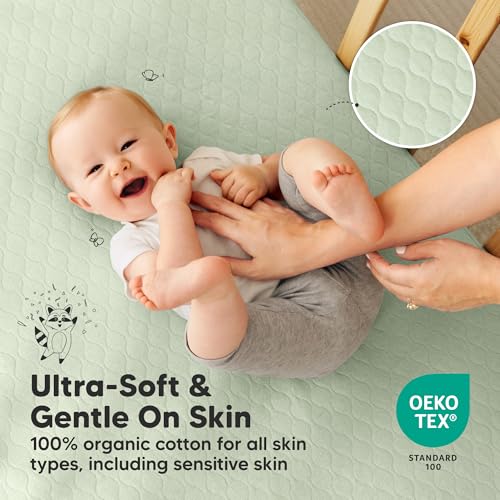Image of 2-Pack Waterproof Crib Mattress Protector Cover Fitted - Quiet Baby Crib Mattress Pad Sheets, 52 inch x 28 inch Soft Quilted Cotton Baby Sheet, Machine Washable, Easy Fit, Durable (Sage /Mavy)