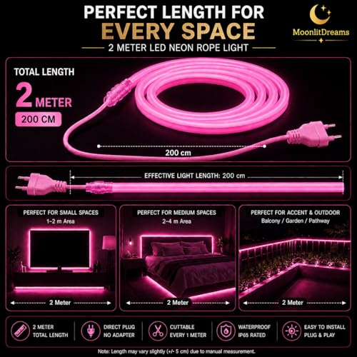 Image of MoonlitDreams 2M Neon LED Strip Light 240 LEDs (120 LED /M) - 10mm Thick, 2X Bright Glow, Direct Plug 220V No Adapter, Waterproof Flexible Rope Light for Home, Bedroom, Room Decor, DIY & Party (Pink)