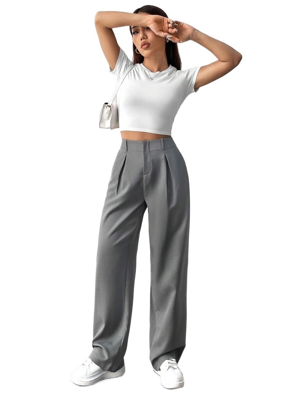 2024 Wide Leg Long Pant for Women Solid Color Pleated Straight Leg Fit Pants