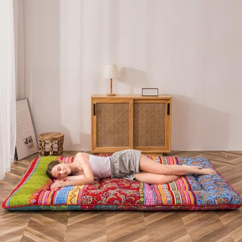 Image of MAXYOYO Bohemian Retro Floor Mattress Vintage Floral Japanese Futon Mattress Roll Up Thicken Sleeping Bed Portable Camping Mattress Floor Lounger Couch Bed Mattress Pad, Twin Size
