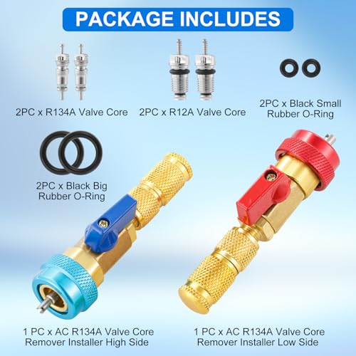 R134A Valve Core Quick Remover Installer, R134A R12 High Low Pressure Valve Core Remover Tools, A/C Refrigerant Valve Core Quick Remover 10PC
