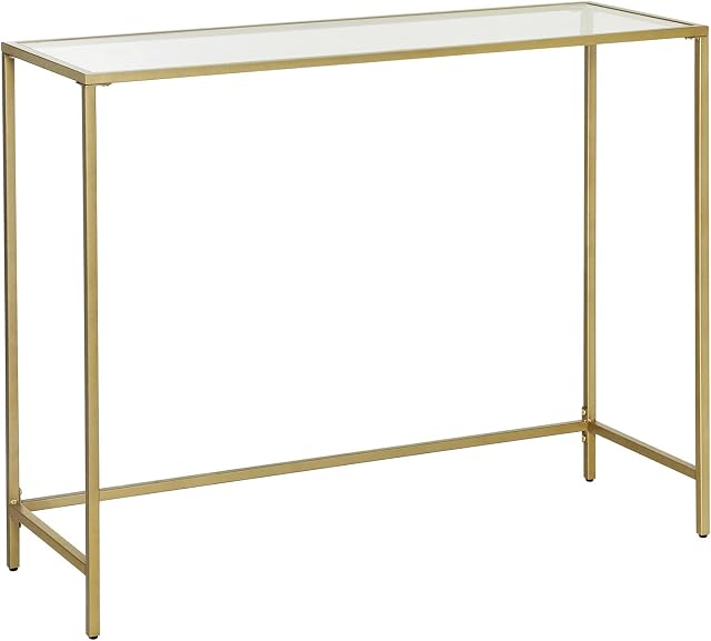 VASAGLE Console Table, Tempered Glass Table, Modern Sofa or Entryway Table, Metal Frame, Sturdy, Adjustable Feet, for Living Room, Hallway, Golden LGT26G