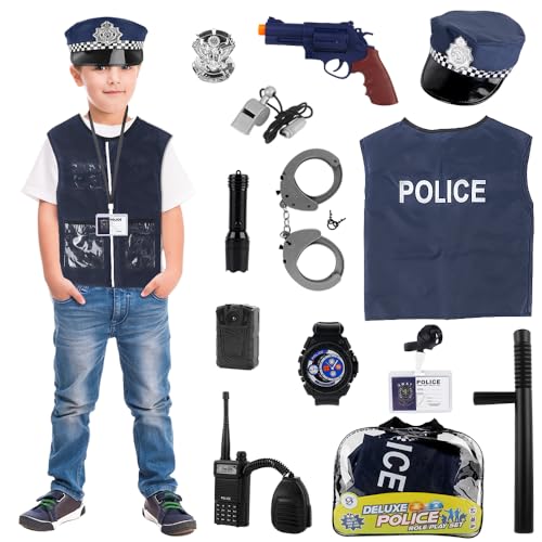 PLLYPE Disfraz de Policía para Niños, 13PCS Disfraz de policía infantil, Disfraz de Policia Niño, con Gorra, Walkie Talkie, Placa, Handcuffs y más Accesorios, para Cosplay de Fiesta de Carnaval
