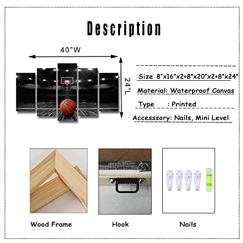 Derkymo 5 Pieces Basketball Court Pictures For Bedroom Black And White Canvas Wall Art Sports Painting Prints Artwork For Living Room Boys Room Stretched And Framed Ready To Hang 24"X40"(5 Pieces) #TOP4