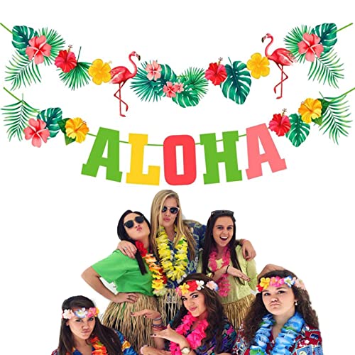 ALOHA Banner Hawaii Tropische Wimpelkette Banner Girlande mit Blume Palmenblätter Flamingo Muster für Sommer Strand Pool Hawaii Aloha Party Dekoration Cover