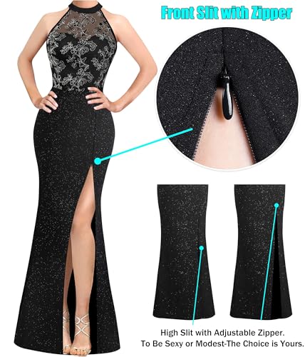 Image of VFSHOW Womens Formal Sexy Halter High Slit Prom Wedding Guest Maxi Dress 2023 Illusion Sweetheart Neckline Evening Long Gown