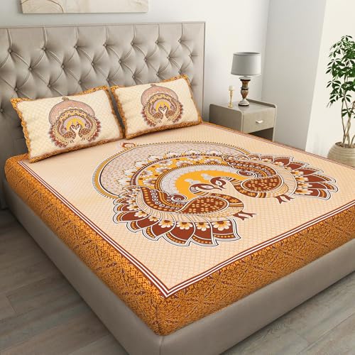Image of JAIPUR PRINTS 100% Cotton Bedsheet for Double Size Bed Rajasthani Jaipuri Printed with 2 Pillow Covers 90x100 inch 235x215 cm Yellow 3 Pieces