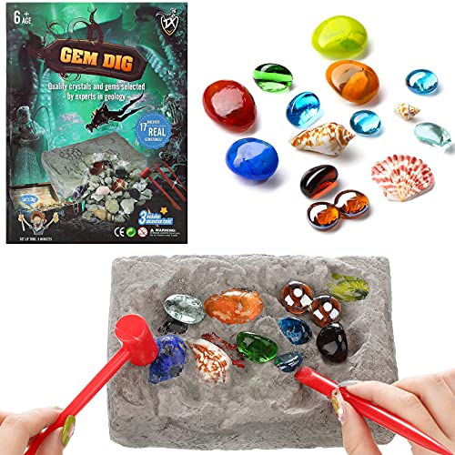 Christmas Gems Dig Kit Gemstone Excavation Kit Mining Toy, Excavate 17 Gems and Shells, Educational Digging Toy Science Kit with Excavation Tools for Boys and Girls