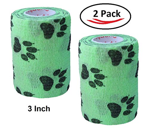 Image of Vet Wrap Wrap Tape (Green with Paw Prints) (2 Pack) (4 Inch x 15 feet) Self Adhesive Adherent Adhering Cohesive Flex Self Stick Bandage Grip Roll Dog Cat Pet Horse