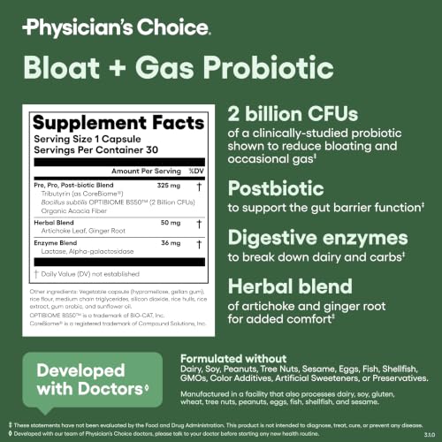 Image of Physician's CHOICE Bloat & Gas Probiotic 5-in-1 Proactive Support + Daily Relief - Digestion & Gut Health- Herbals, Digestive Enzymes, Post & Prebiotics - Gas Relief for Adults - Women & Men - 30ct