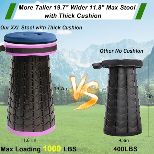 Image of 2026 Upgraded XXL Collapsible Stool with Thick Cushion,19.7 inchH-11.8 inchD Telescoping Folding Stool for Adults, More Sturdy Camping Stools with Load Capacity 1000lbs for Outdoor,Garden,Fishing,Hiking