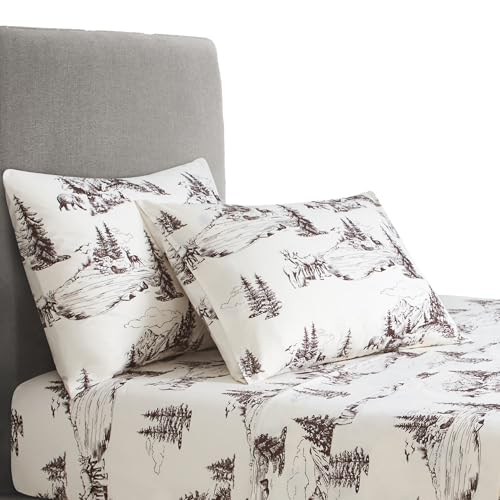 Image of Paseo Road White Pine Rustic Bedding 4 Piece Queen Sheet Set, Brown White Bear Deer Pine Tree Woodland Print Cotton Lodge Cabin Bedding, 1 Flat Sheet, 1 Fitted Sheet, 2 Pillowcases