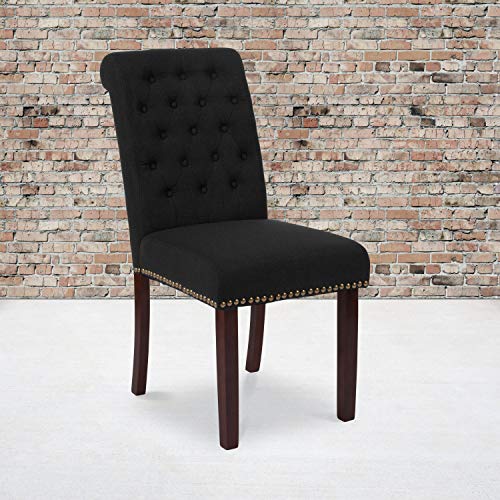 Flash Furniture Set Of 2 Hercules Series Black Fabric Parsons Chair With Rolled Back, Accent Nail Trim And Walnut Finish #TOP22
