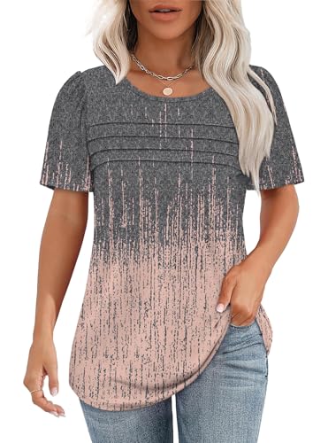 Chicrise T Shirt Damen Sommer Puffärmeln Rundhals Plissee Tunika Elegant Kurzarm Loose Plain Casual Oberteile Orange Grau Graffiti 2X Groß 50-54