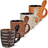 G. Wurm GmbH 4 Espressotassen mit 4 Löffeln - 8-teiliges Dekorset, Cremebraun, Dunkelbraun, Orange, Keramikqualität, Höhe 7 cm / 50 ml