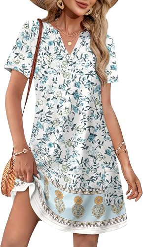 WIHOLL Dresses for Women 2025 Casual Summer V Neck Wedding Guest Dress Short Sleeve Fashion Beach Holiday, Green floral design, S