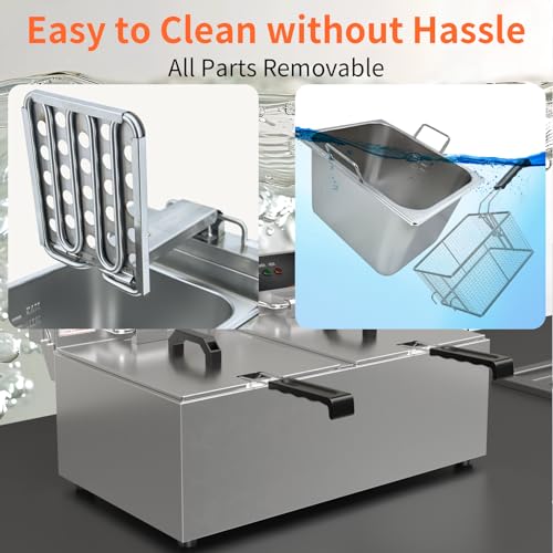 DULNICE Fritteuse Commercial Elektro-Fritteuse 8L*2, Elektrische Friteuse mit Fett 3000W*2 Doppeltem Korb & Deckel, Edelstahl Fritteusen leicht zu reinigen 60°C-200°C Fritteuse Mit öl für Küche – Bild 7