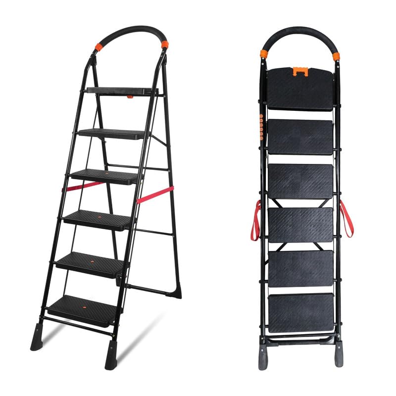 Image of TNT THE NEXT TREND Carbon Steel Cameo 6 Step Heavy Duty Foldable Step Ladder With Anti-Skid Shoes And Extra Strong Wide Steps (Black)