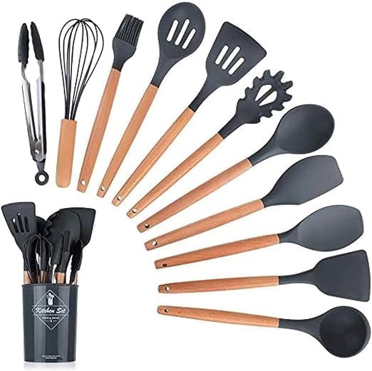 12 pc Set Silicon Kitchen Black,Green And Grey. 12 pc Set Silicon Kitchen Black And Grey Set with Organizer Cup Holder, Non-Stick Cookware