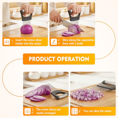 MbsaAO Onion Holder for Slicing, Stainless Steel Onions Slicer with Protective Cover, Vegetable Chopper Onion Slicer Holder Assistant Tool for Meat Potato Tomato Lemon Avocados #4