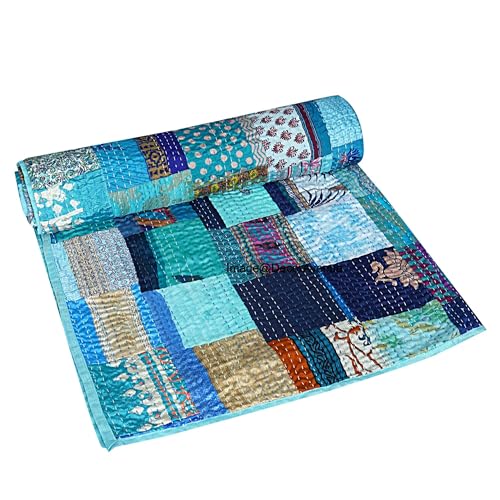 DecorAvenue Copriletto in seta kantha patchwork, fatto a mano, stile Gudri vintage, decorativo, da spiaggia (blu, matrimoniale, 152,4 x 228,6 cm)